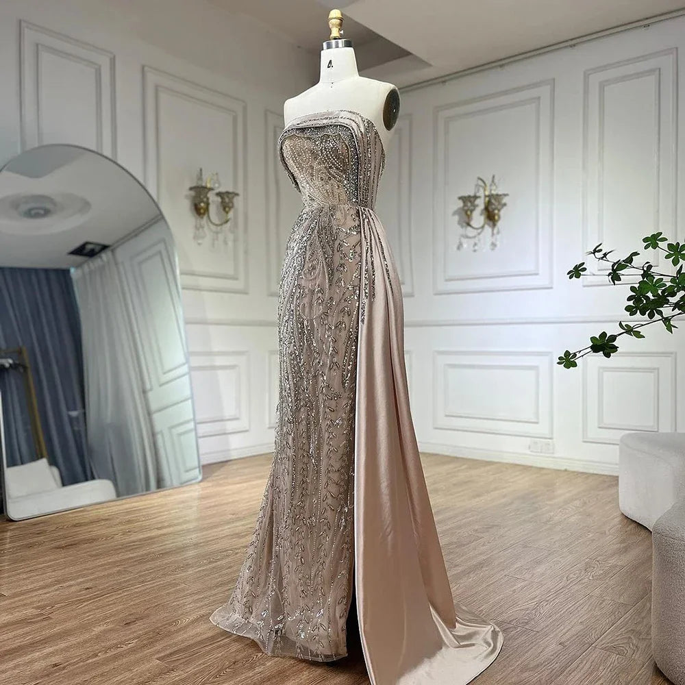 Serene Hill 2024 Arabic Nude Strapless Satin Mermaid Beaded Luxury Dubai Evening Gown with Side Skirt for Women's Party BLA72665