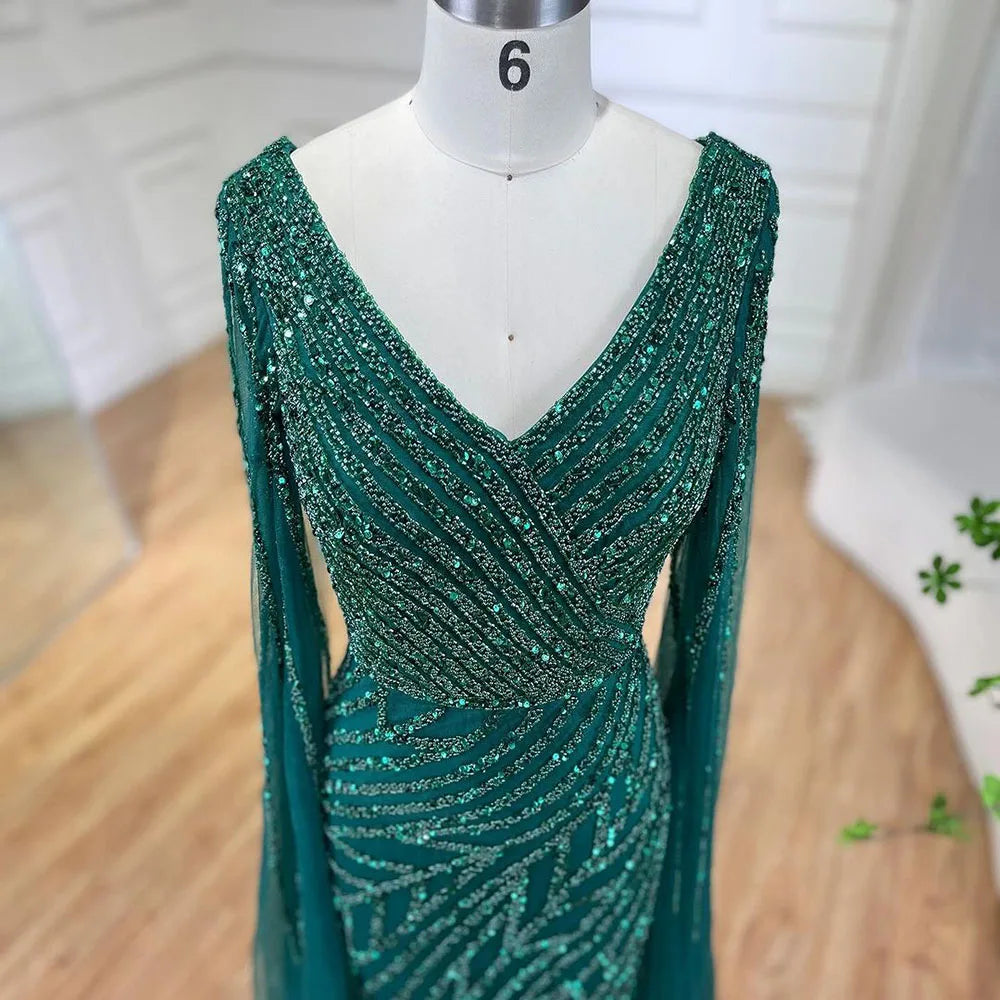 SERENE HILL 2024 Arabic Dubai Caramel Mermaid Luxury Beaded Evening Dresses Cape Sleeves Gowns For Women Wedding Party GLA71493A
