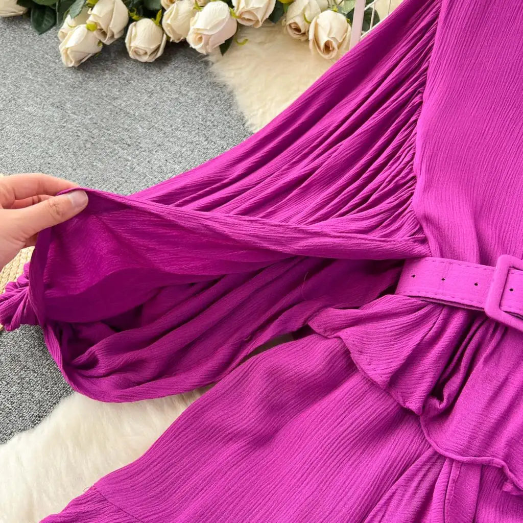 Vintage Puff Sleeve Ruffle Dress Women O-Neck A-Line Elegant Casual Party Prom Dresses Korean Autumn Fashion Female Vestidos New