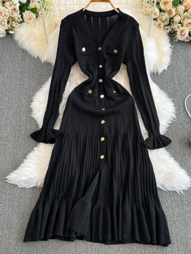 Women Vintage Mermaid Knitted Dress Elegant Casual Single Breasted Bodycon Slim Evening Dresses Female One Piece Clothes Mujers