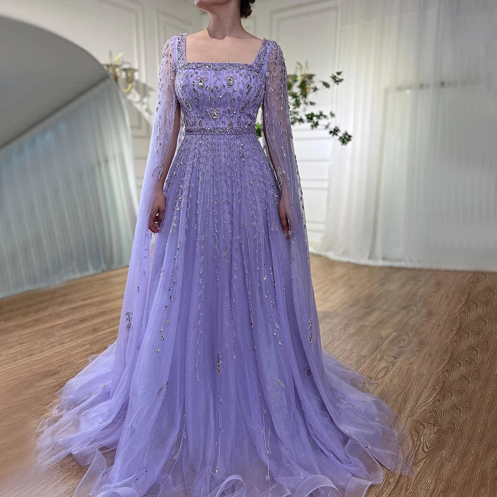 Serene Hill 2024 Muslim Pink A Line Beaded Elegant Cape Sleeve Luxury Evening Dresses Gowns For Women Wedding Party LA71803A