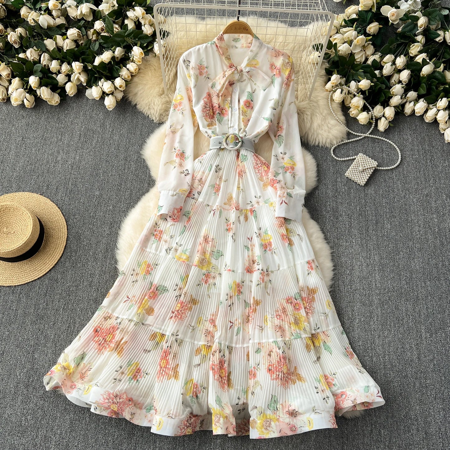 French Vintage Ruffle Lace-up Bow Puff Sleeves Long Sleeves Dress korean fashion Casual Women Fashion summer dresses