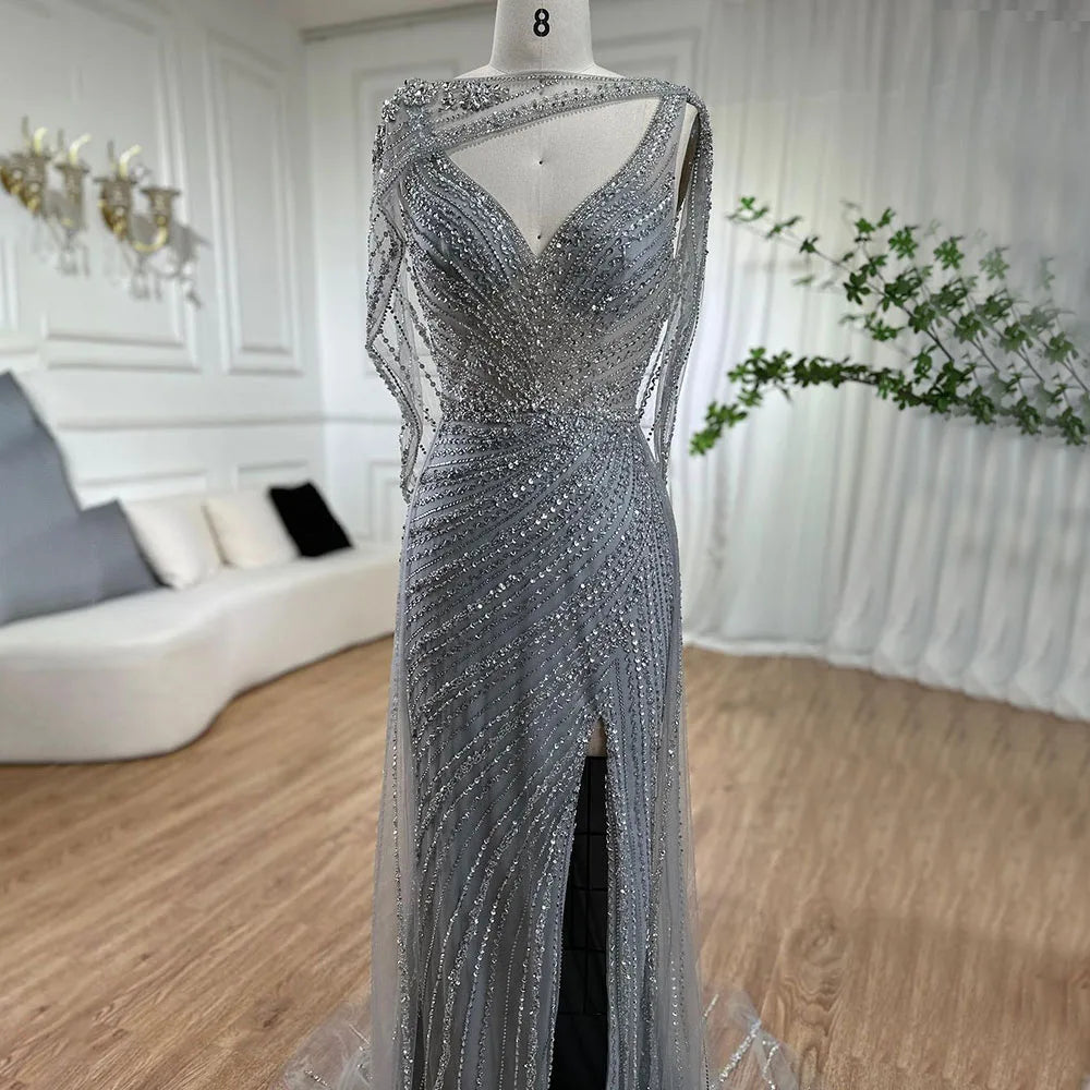 Luxury Champagne Split Evening Dresses 2024 Diamond Beaded Sleeveless Mermaid Formal Serene Hill LA70301