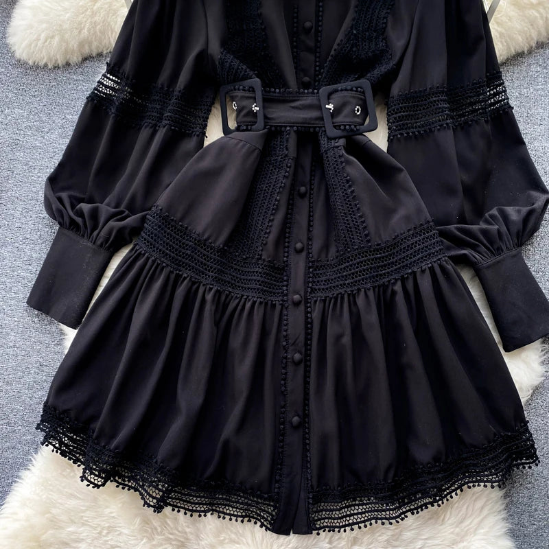 Wedding Guest Dresses For Women Lace Trim Luxury Party Dress Stand Collar Long Sleeve Button Up Holiday Mini Dress With Belt