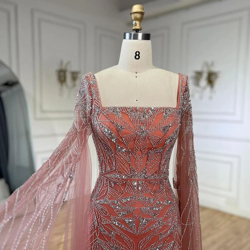 Serene Hill Arabic Pink Cape Sleeves Mermaid Dubai Evening Dresses Beaded Luxury Wedding Party Gowns For Women 2024 LA72261