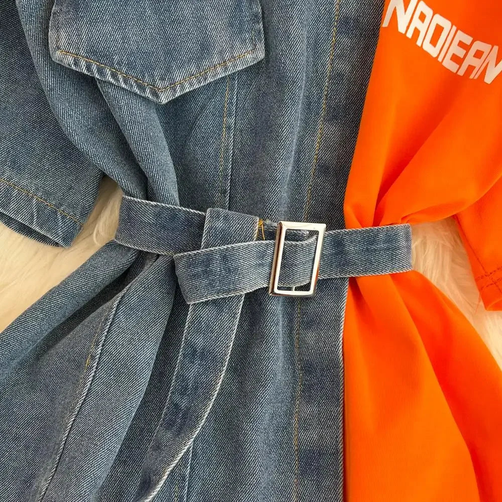Women Summer Casual T Shirt Short Sleeve Streetwear Patchwork Denim Long Shirts Female O-neck Slim Jeans Tops