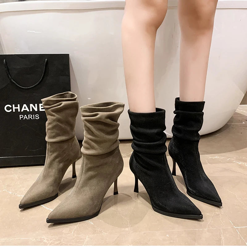 High Heel Women Pleated Ankle Boots Fashion Pointed Toe Slip On Shoes Dancing Party Dress Short Botas De Mujer
