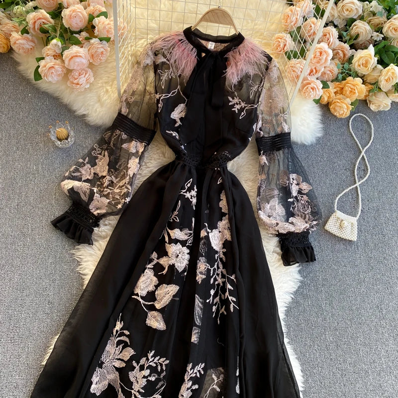 Retro Print Floral Embroidery Elegant Lace Up Dress A-line Long Sleeve Casual O-neck High Waist Dress Women Ceremonial Dress