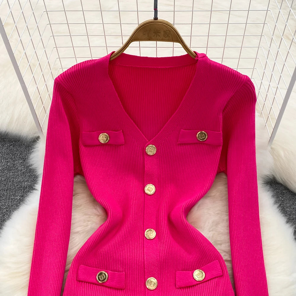 Sexy Split V-neck Long Sleeve Bodycon Dress Chic Elegant Evening Party French Fashion Knit Vestidos Women Autumn Pencil Dress