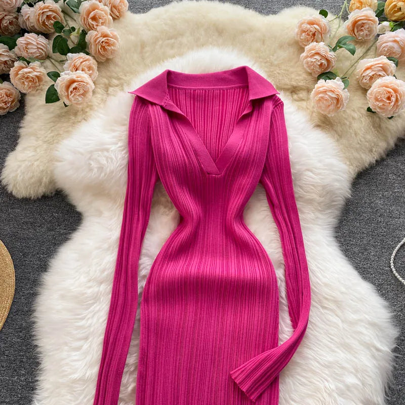 Women Chic Elegant Long Sleeve Split Bodycon Midi Dress Sexy French Fashion Knit Wrap Vestidos Elastic Slim Pencil Sweater Dress