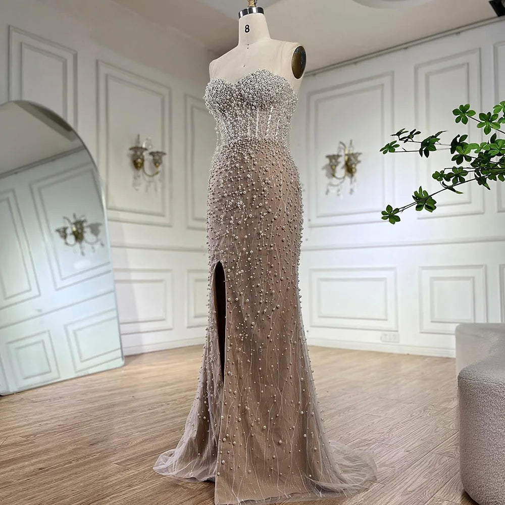Serene Hill 2024 Arabic White Nude Mermaid Gown Pearls Beading High Split Luxury Dubai Evening Dress for Women's Party LA72544