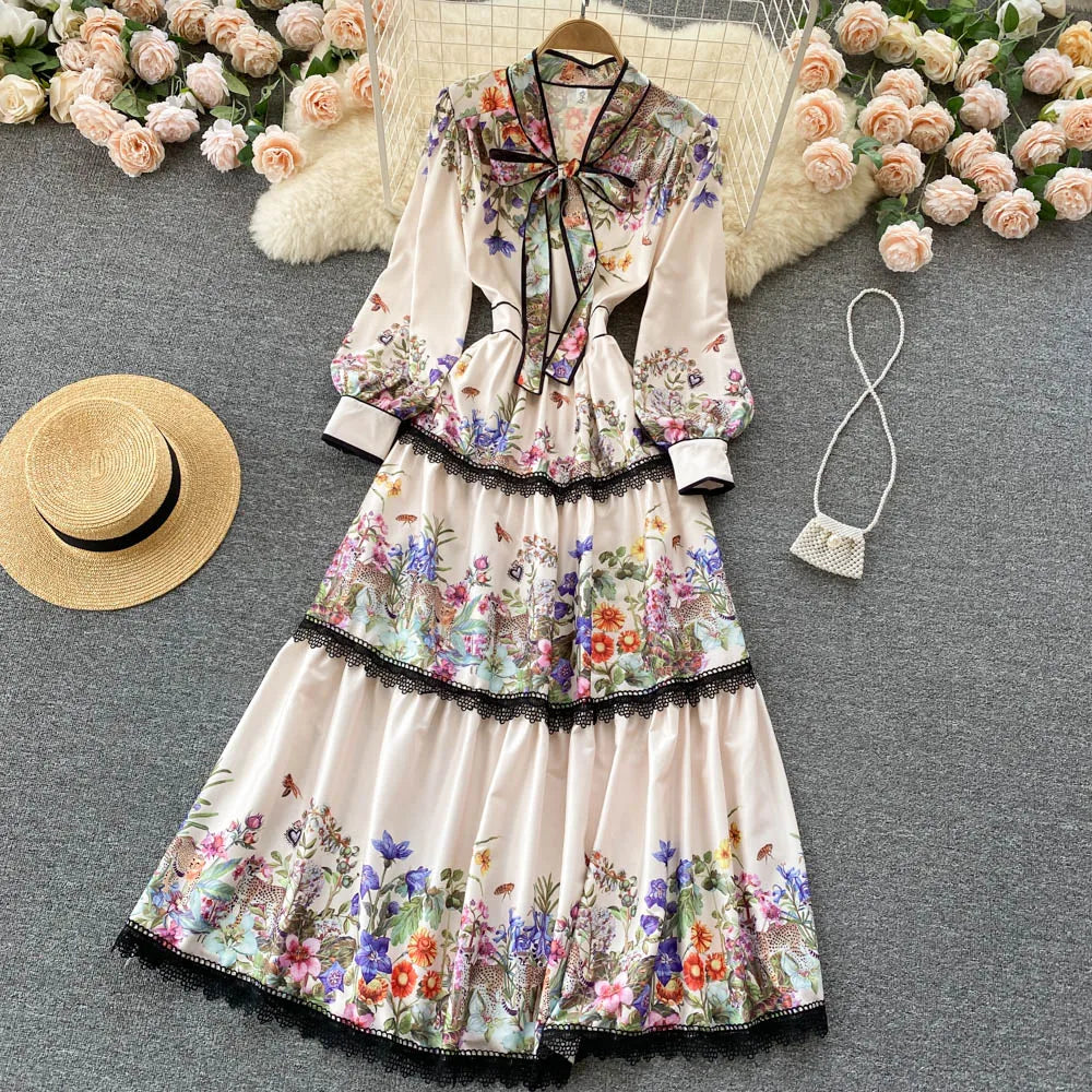 Vintage Elegant Long Dress Women Slim Floral Printed Party Dresses Tie Bow Elastic Waist Lantern Long Sleeve Long Robe Vestidos