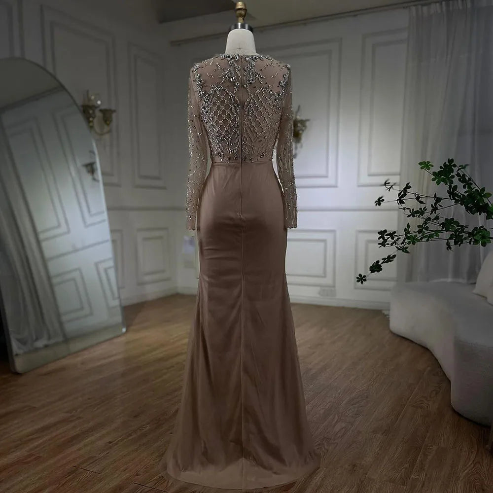 Serene Hill Muslim Silver Nude Mermaid Gown with Detachable Overskirt Beaded Evening Dress for Women Wedding Party 2024 LA71919