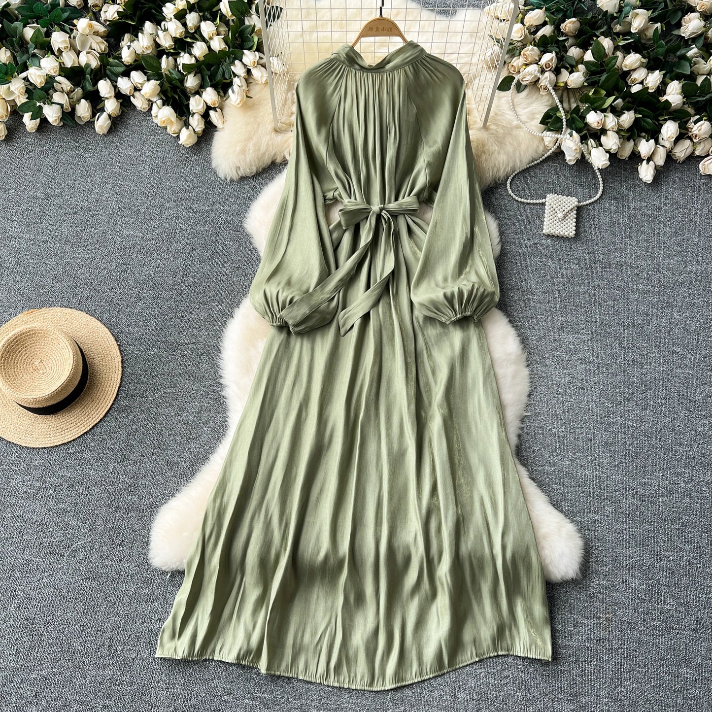 French Vintage Pleated lool sleeve print Lace-up Bow sweet Dress Casual Women Fashion summer dresses