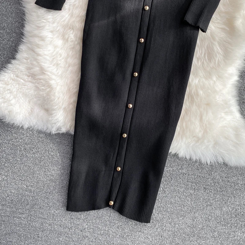 Women Chic Hollow Elegant Long Sleeve Bodycon Dress Sexy Party French Fashion Knit Wrap Vestidos Tight Slim Pencil Dress