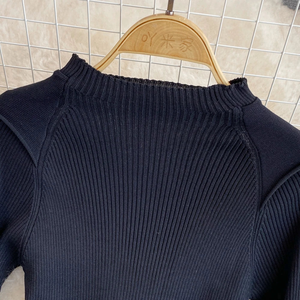 Women Chic Long Sleeve Stand Collar Patchwork A-line Dress Vintage Korean Fashion Knit Vestido Elegant Autumn Winter Knitwear