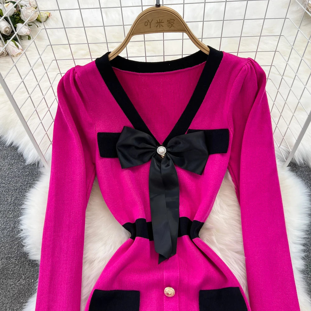 Women Elegant Butterfly Long Sleeve Bodycon V Neck Split Dress Vintage French Slim Knit Tight Vestido Autumn Winter Sweater Robe