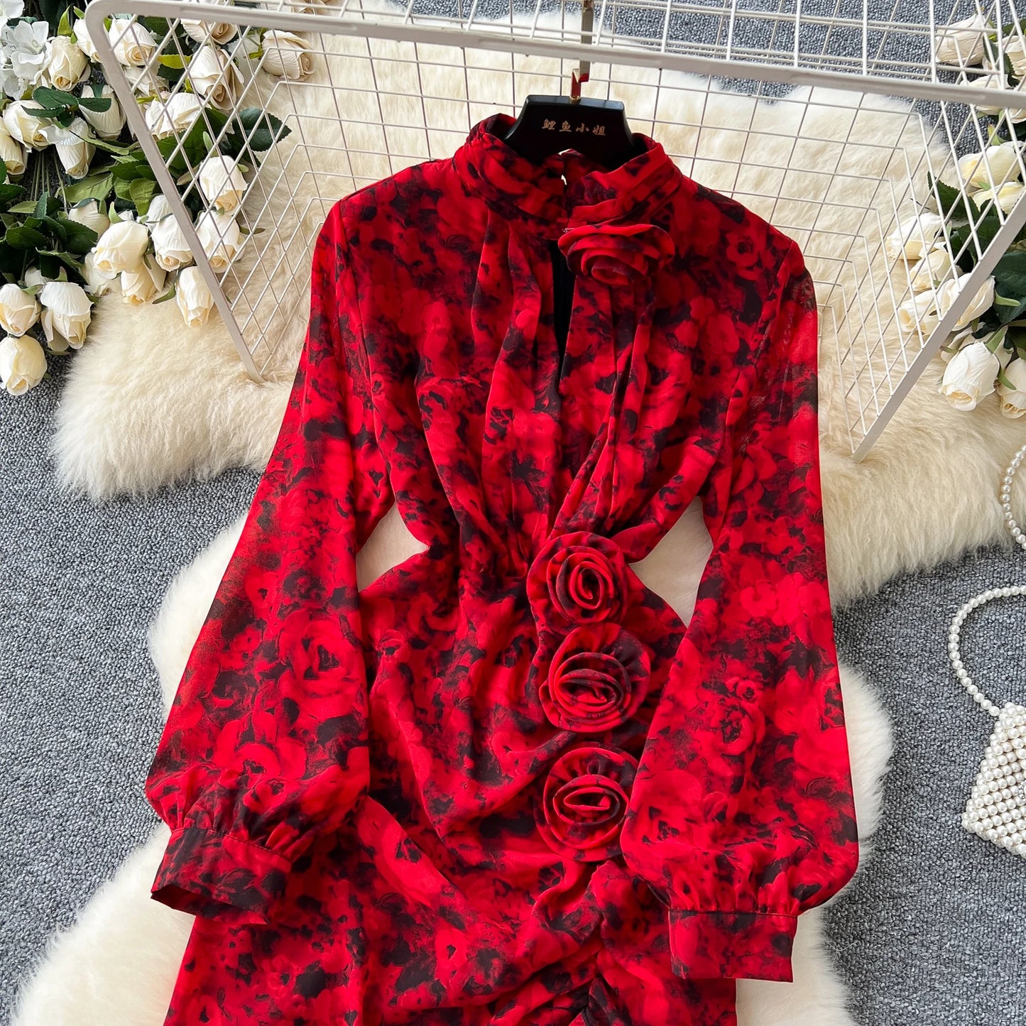 Chic French Sexy Pleated Floral Print Elegant Ruffle Dress Vintage Split Slim High Street Evening Women Autumn Winter Clothing