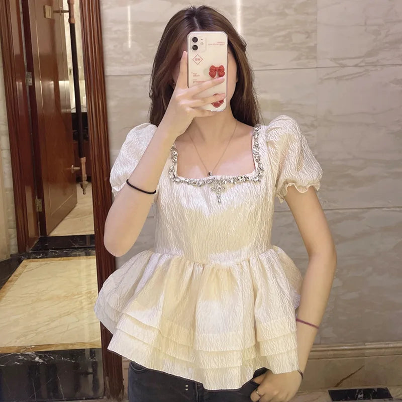 Luxury Diamond Square Neck Bubble Sleeves Wrapped Waist Chiffon Shirt Top Women's Summer Ruffle Edge Pleated Short sleeved Tops