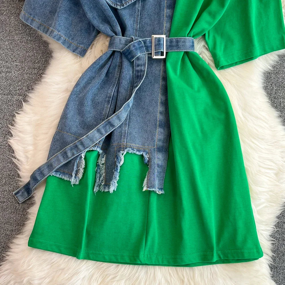 Women Summer Casual T Shirt Short Sleeve Streetwear Patchwork Denim Long Shirts Female O-neck Slim Jeans Tops