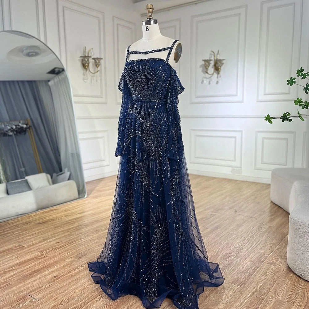Serene Hill Arabic Navy Blue Spaghetti Strap Mermaid Beaded A-Line Elegant Long Evening Dress for Women Party 2024 LA72469