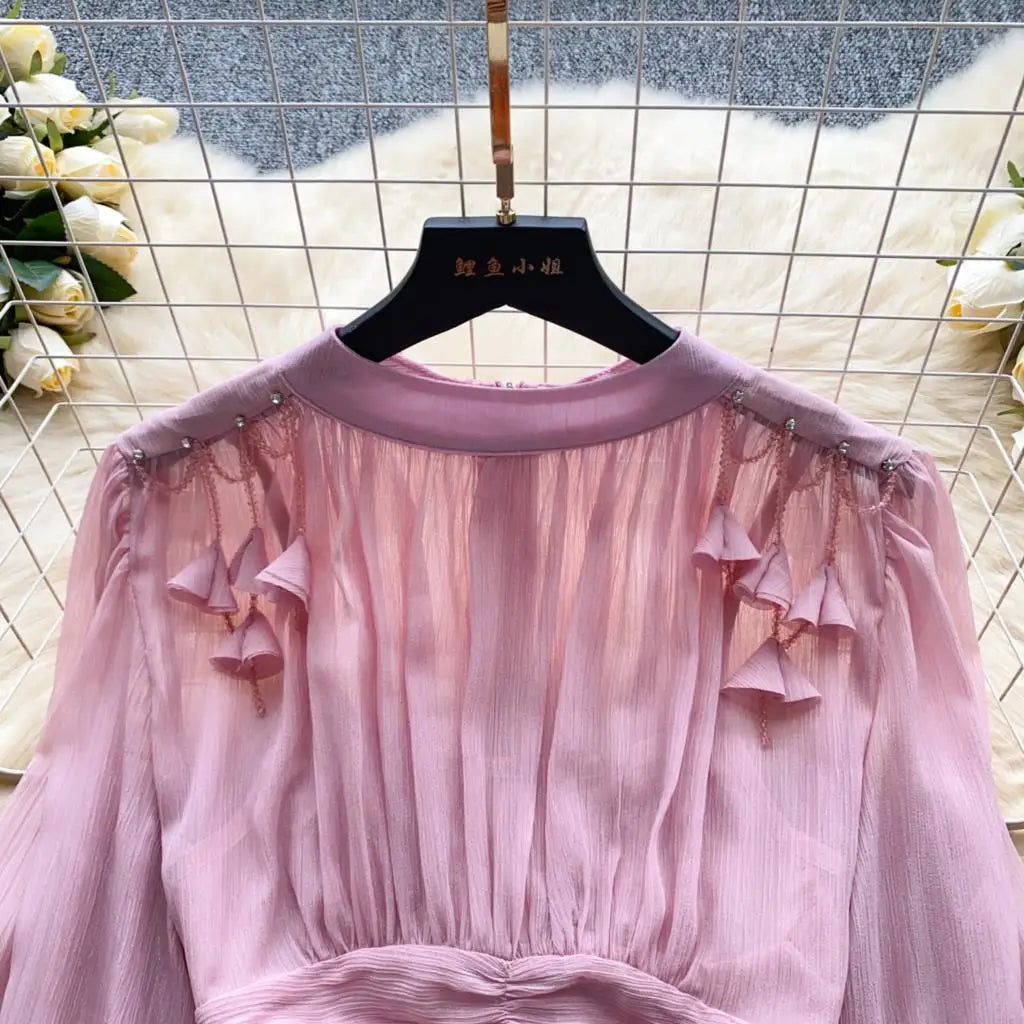 Elegant Tassel Beaded Lantern Sleeve Midi Dress Women French Stand Collar Slim A-Line Pleated Female One Piece Casual Mujer New