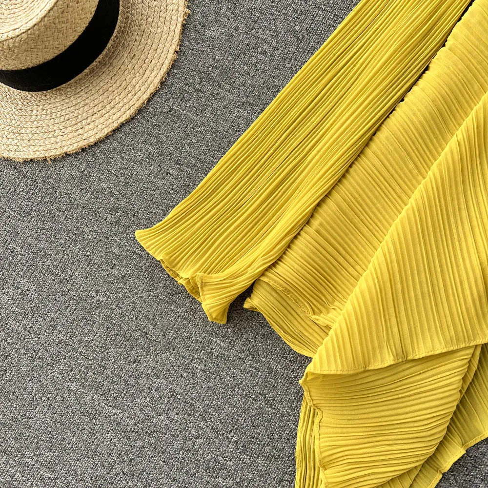 Clothland Stylish Yellow Blouse Set Two Piece Set Irregular Shirt Long Pants Pleated Women Chic Spring Suits TZ234