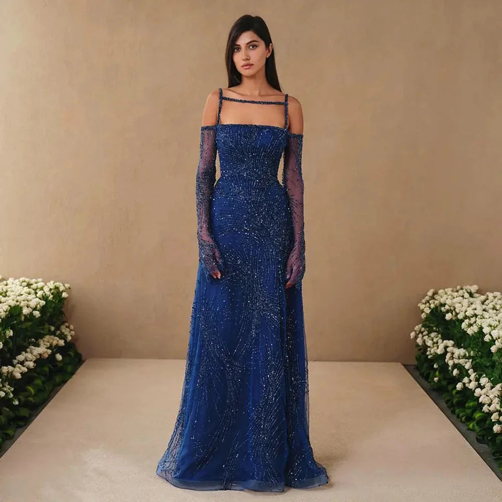 Serene Hill Arabic Navy Blue Spaghetti Strap Mermaid Beaded A-Line Elegant Long Evening Dress for Women Party 2024 LA72469