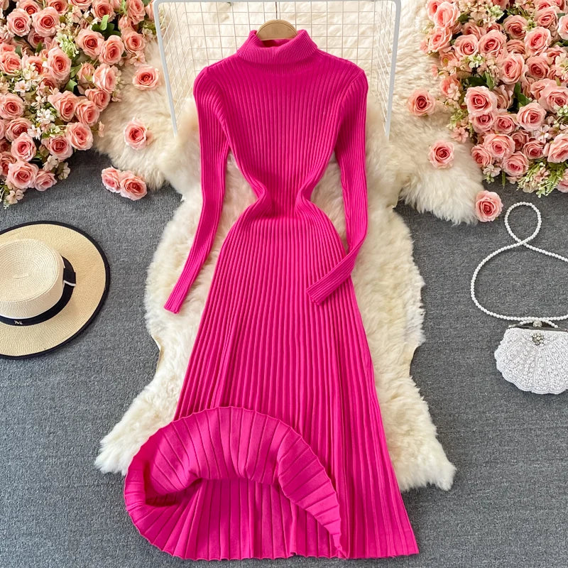 Women Chic Turtleneck Long Sleeve Sexy A-line Sweater Dress Vintage Korean Fashion Knit Vestido Elegant Autumn Winter Knitwear