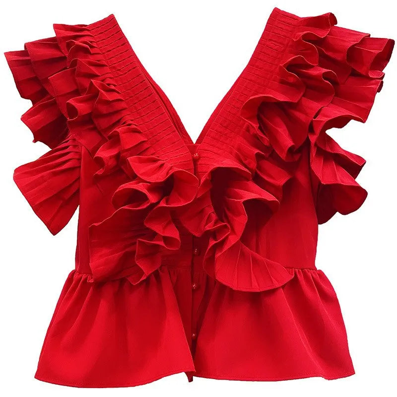 French Elegant Ruffle Edge Pleated Chiffon Short Shirt Top Women's Summer Fashion Sleeveless V-neck Single breasted Red Blouse