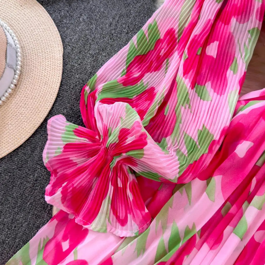 Summer Vintage Casual A-Line Floral Print Women Dress Elegant Chic Pleated Party Prom Vestidos with Belted Female Long Robe