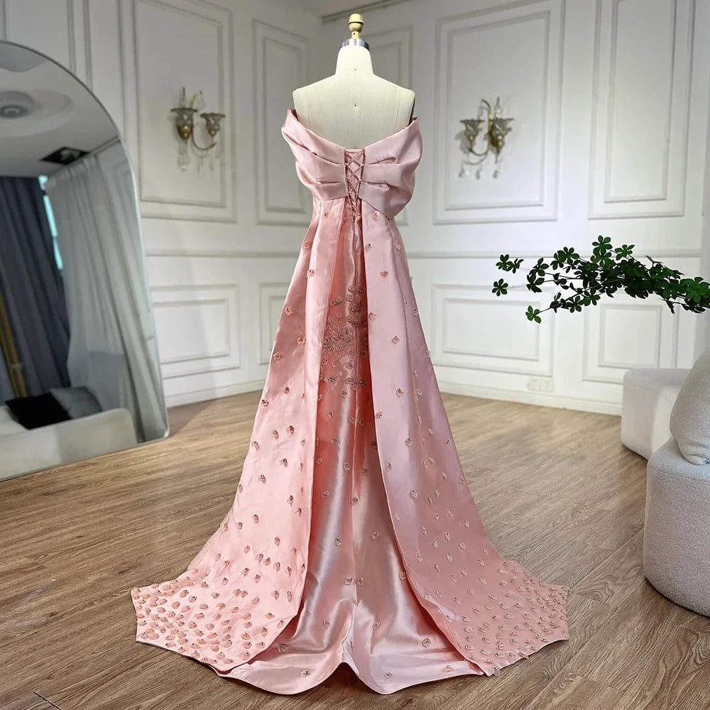 Serene Hill 2024 Luxury Saudi Arabia Off Shoulder Mermaid Peach Satin Luxury Women Evening Dress For Formal Occasions GLA72483