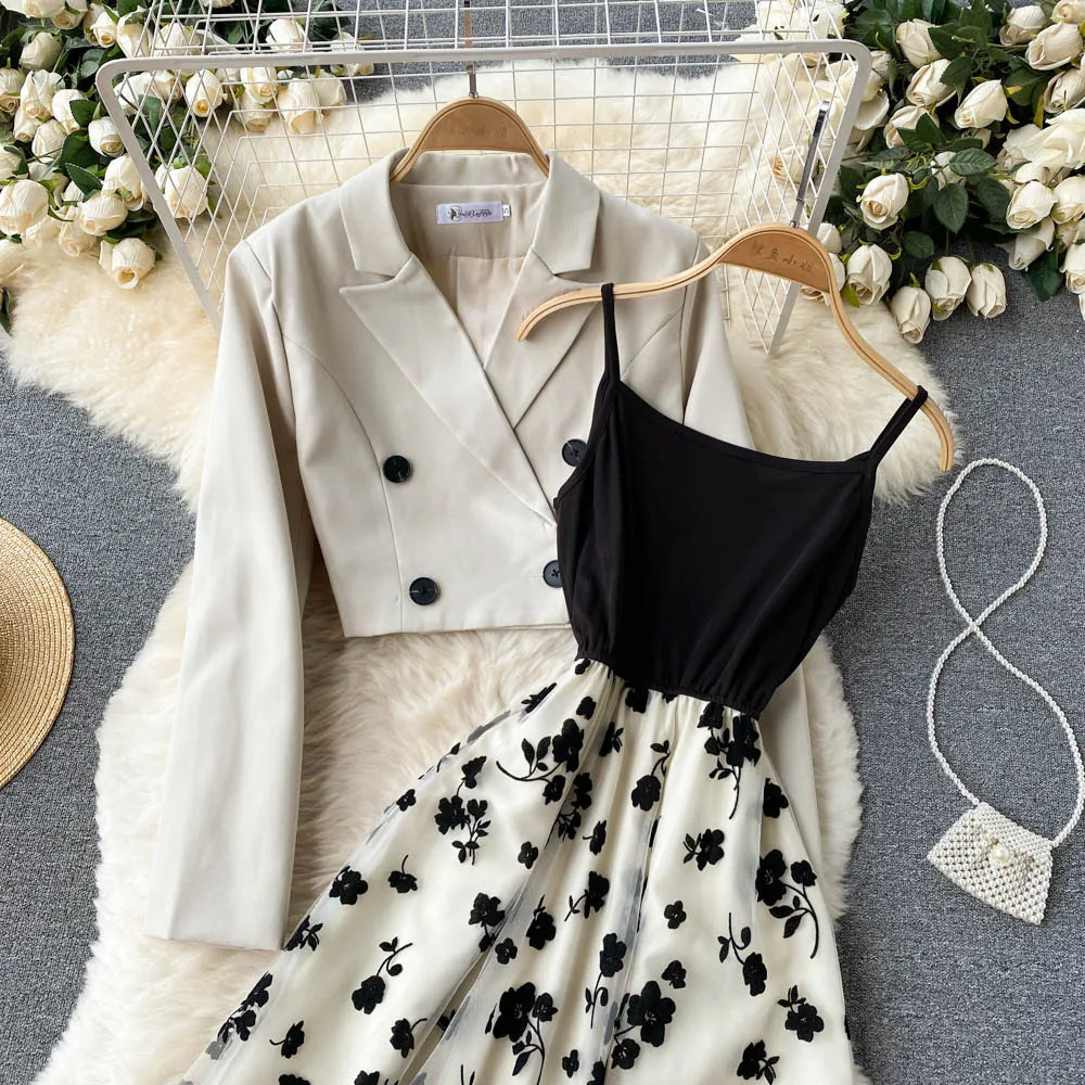 French Style Elegant Two Piece Sets Women Double Breasted Blazer Jacket + Mesh A-line Long Dress Fashion Korean Outfits