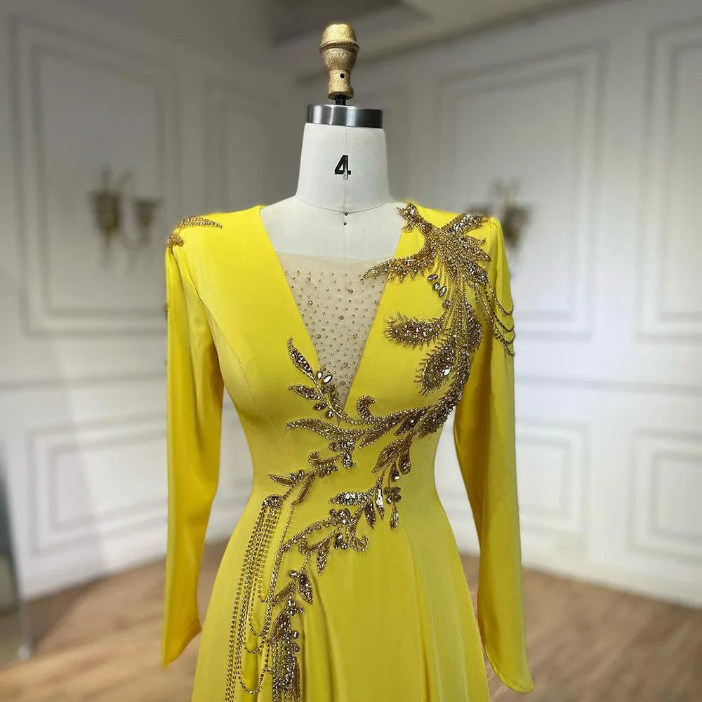 Serene Hill Luxury Dubai Arabic Yellow Mermaid Elegant Tassel Beaded Evening Dresses Gowns For Women Wedding Party 2024 LA72555