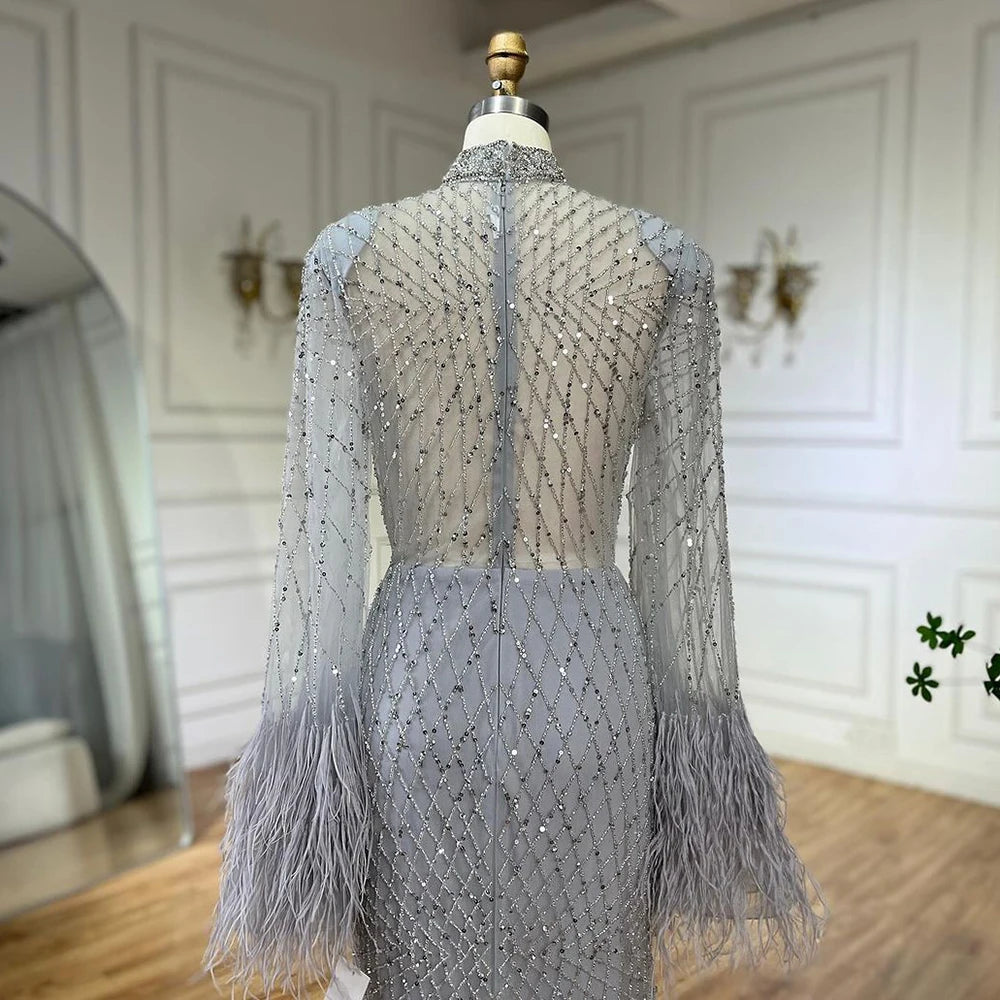 Serene Hill 2024 Women Wedding Party Dubai Gowns Nude Illusion Cut Out Lace Beaded Feathers Mermaid Long Evening Dresses LA72394
