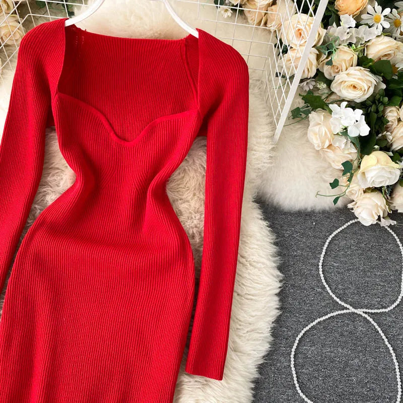Women Long Sleeve Sexy Bodycon Dress with slit Vintage French Fashion Knit v neck Vestidos Basic Tight Elegant Slim Chic Dresses
