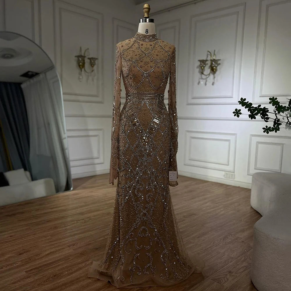 Serene Hill Muslim Grey Mermaid Elegant Nude Cape Sleeve Beaded Luxury Dubai Long Evening Dress 2024 Women's Party LA72316