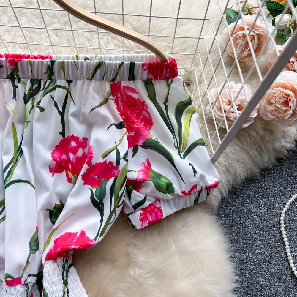 Women Elegant Vintage Floral Print Dress 2023 Summer Short Sleeve Off Shoulder Dress Shirred Elastic Waist Beach Holiday Dress