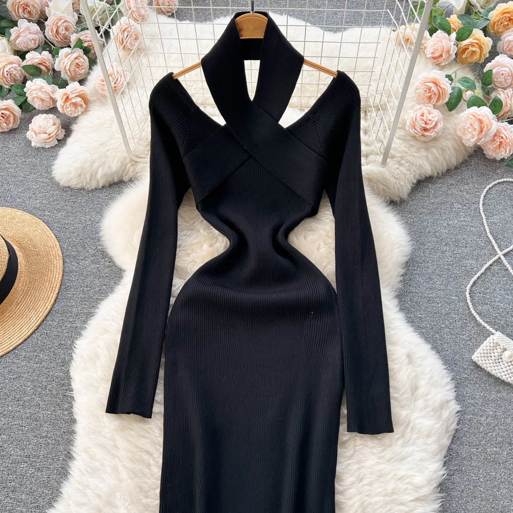 Chic Sexy Criss-cross Halter Elegant Pencil Dress Fashion Slim Knit Long Sleeve Birthday Party Vestidos Women Autumn Winter Robe