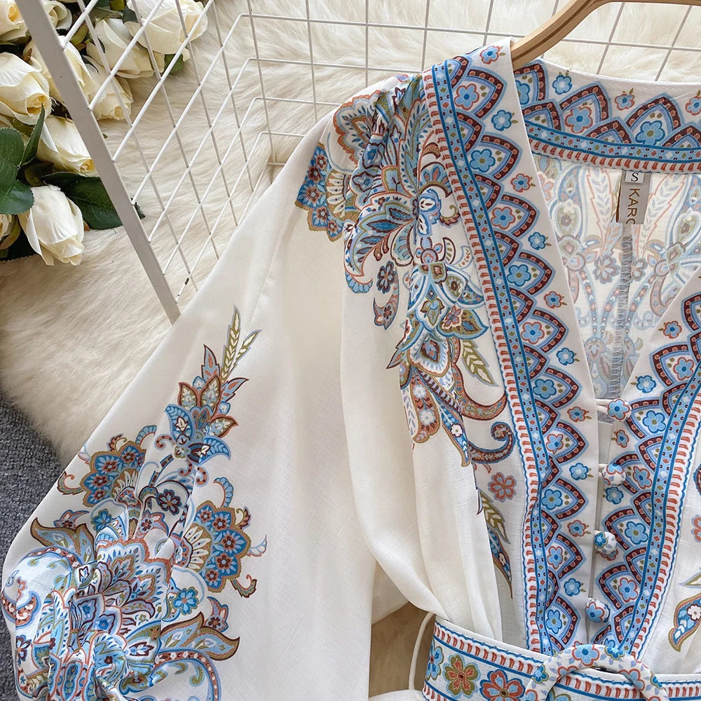 Bohemian Dresses For Women 2024 V Neck 3/4 Sleeve Spring Summer Vacation Mini Dress With Belt Boho Vintage Paisley Print Dress