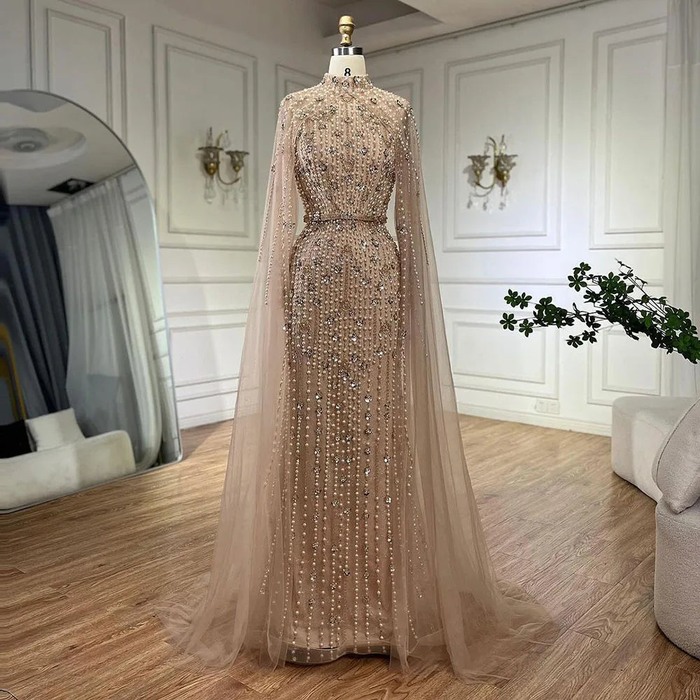 SERENE HILL 2024 Arabic Nude Mermaid Cape Long Sleeves Luxury Beaded Evening Dresses Formal Gowns Women Wedding Party GLA72372