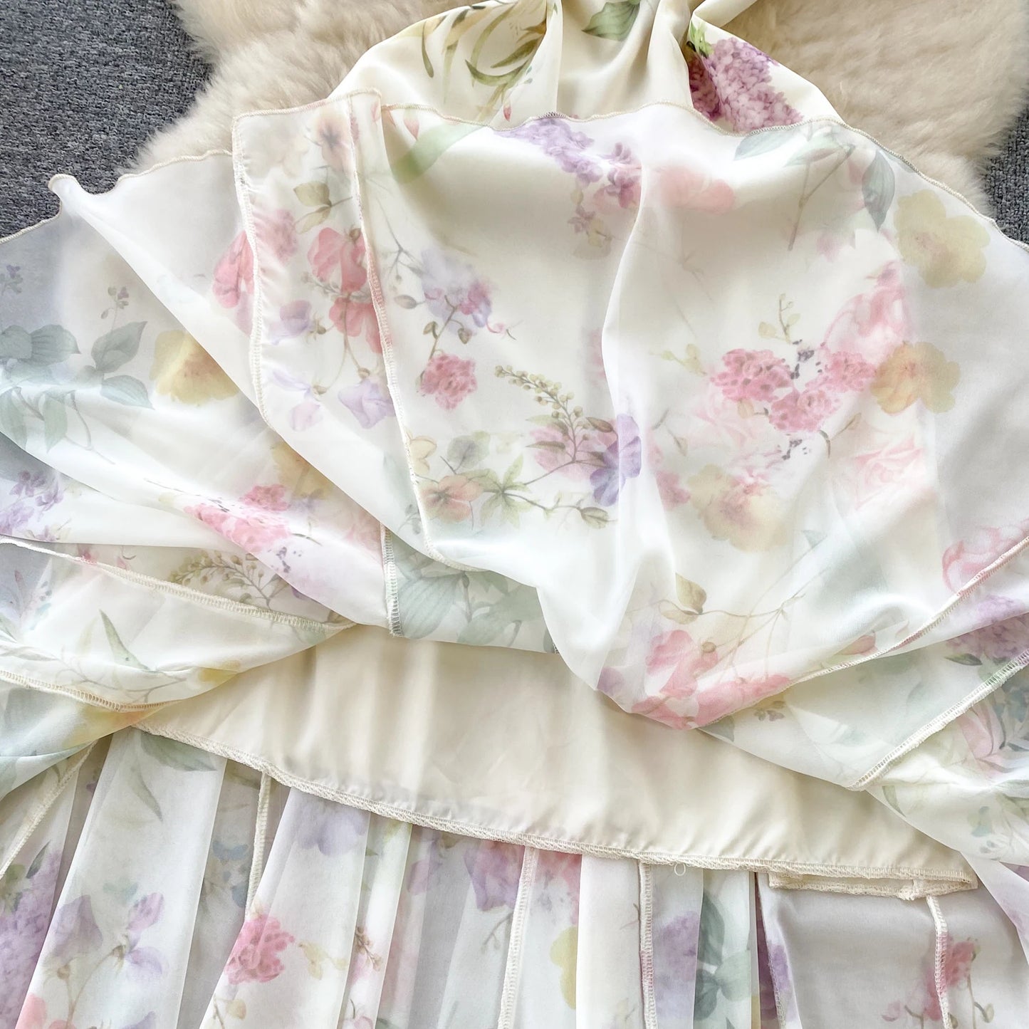 French Elegant Beach Dress 2024 New Women Sexy Floral Printed Slim Mid Length Ruffled Party Dresses Ladies Summer Long Robe