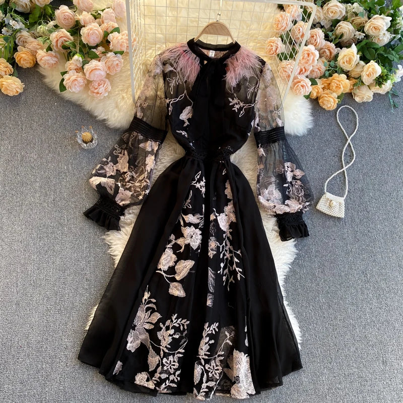Retro Print Floral Embroidery Elegant Lace Up Dress A-line Long Sleeve Casual O-neck High Waist Dress Women Ceremonial Dress