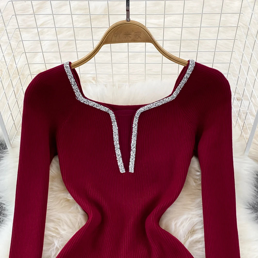Chic Elegant Glitter V Neck Long Sleeve Elastic Bodycon Dress Sexy Fashion Knit Pencil Vestidos Slim Autumn Winter party robe