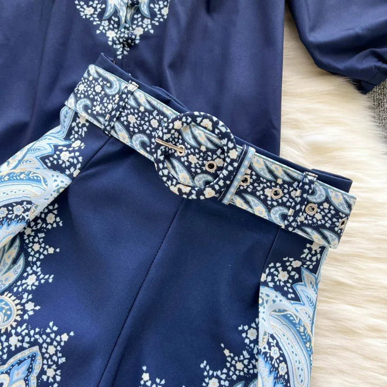 Spring Summer Retro Print Two Piece Set Women Lantern Sleeves Standing Neck Blouse Top+High Waist Wide Leg Shorts Elegant Suits