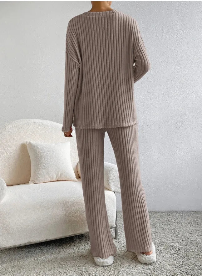 Pit striped Knitted Two Piece Set for Women Spring Solid Casual 2-piece V-neck Pullover Sweater+Straight Leg Pants Trendy Female