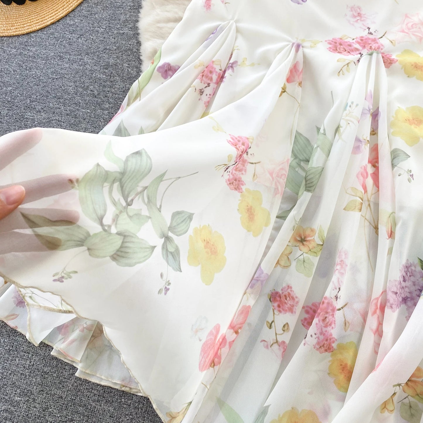 French Elegant Beach Dress 2024 New Women Sexy Floral Printed Slim Mid Length Ruffled Party Dresses Ladies Summer Long Robe