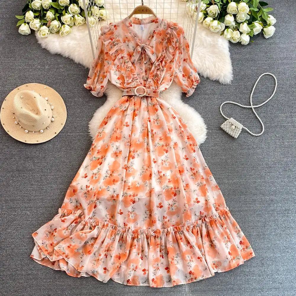 Summer Women Fashion Floral Print Casual Midi Dress Short Sleeve A-Line Maxi Boho Holiday Clothes Female Long Robe Mujers New
