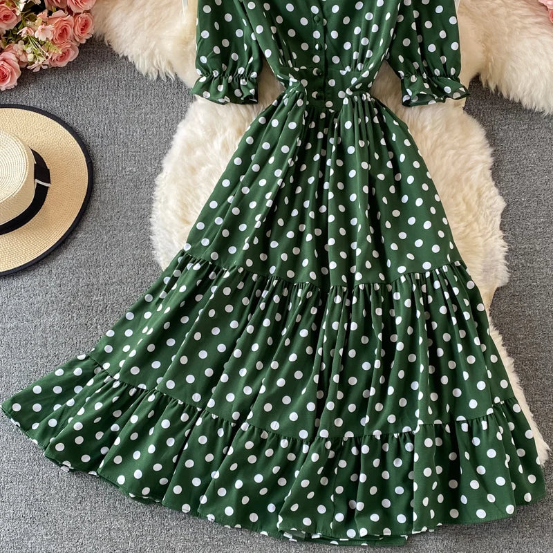 New Summer Women's Fashion Vintage Polka Dot Midi Dress Elegant and Chic A-Line Party Casual White Black Vestidos Female Robe