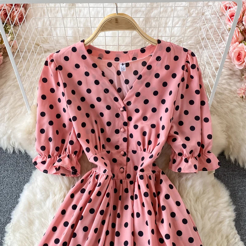 New Summer Women's Fashion Vintage Polka Dot Midi Dress Elegant and Chic A-Line Party Casual White Black Vestidos Female Robe